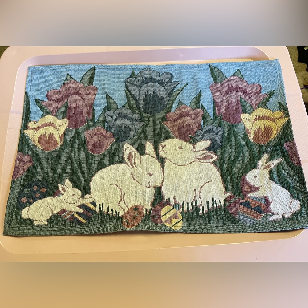 Tapestry Easter Bunny Placemats 4 Woven Jacquard Spring Tulips Rectangle 12x19